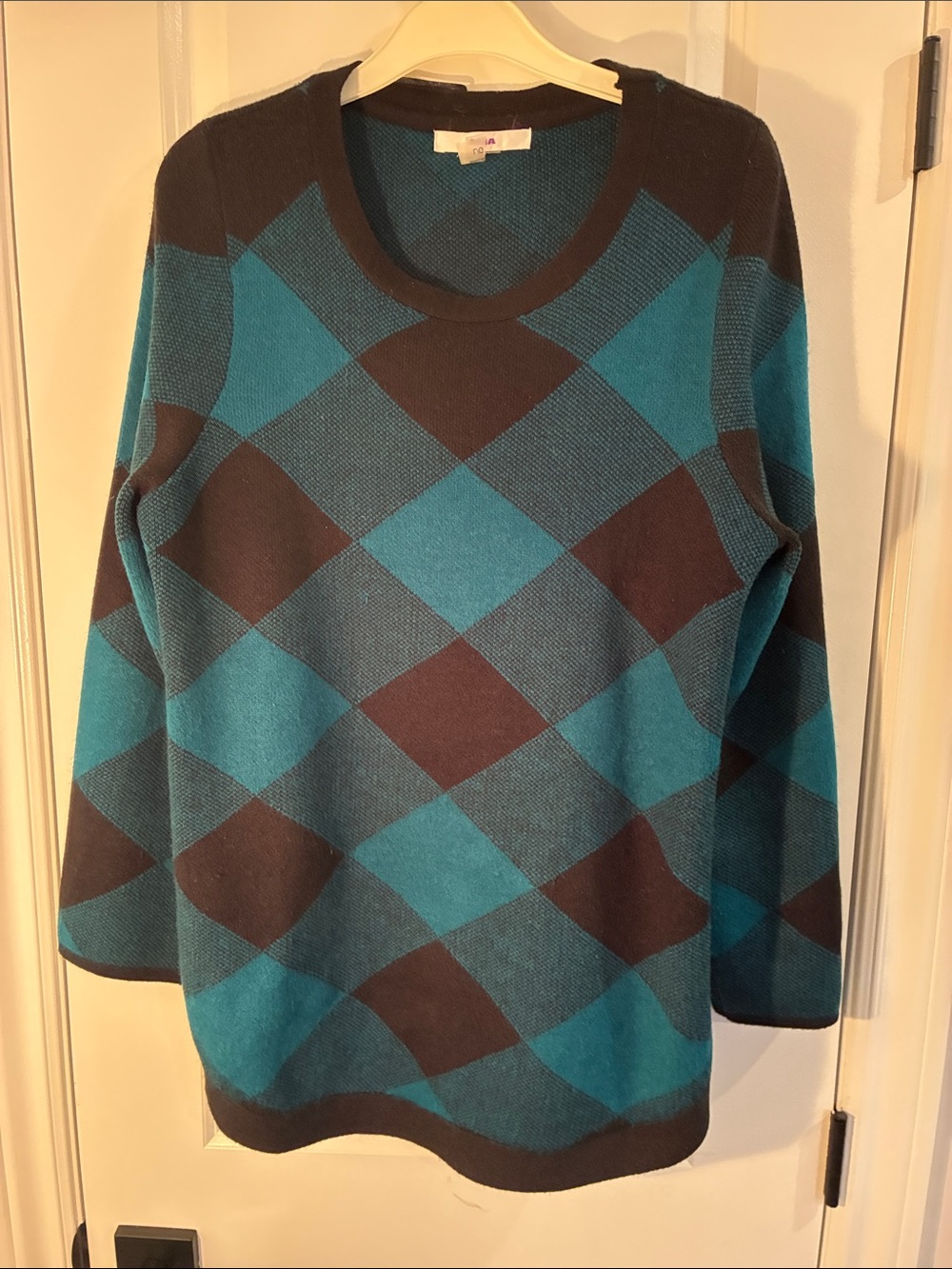 ALIA Teal & Brown Diamond Plaid Knit Tunic Sweater